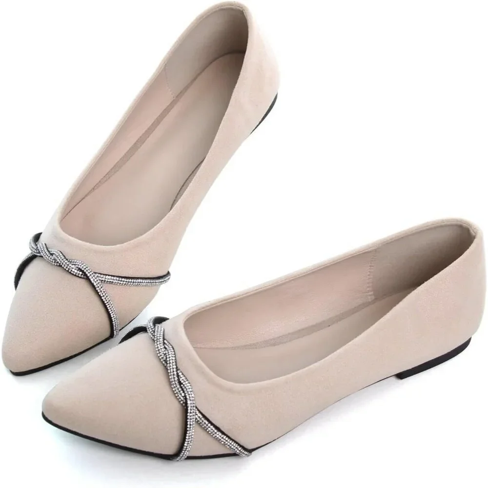 Women's Apricot Casual Flats Fashion Chain Pointed Toe Ballet Flat Rhinestone
